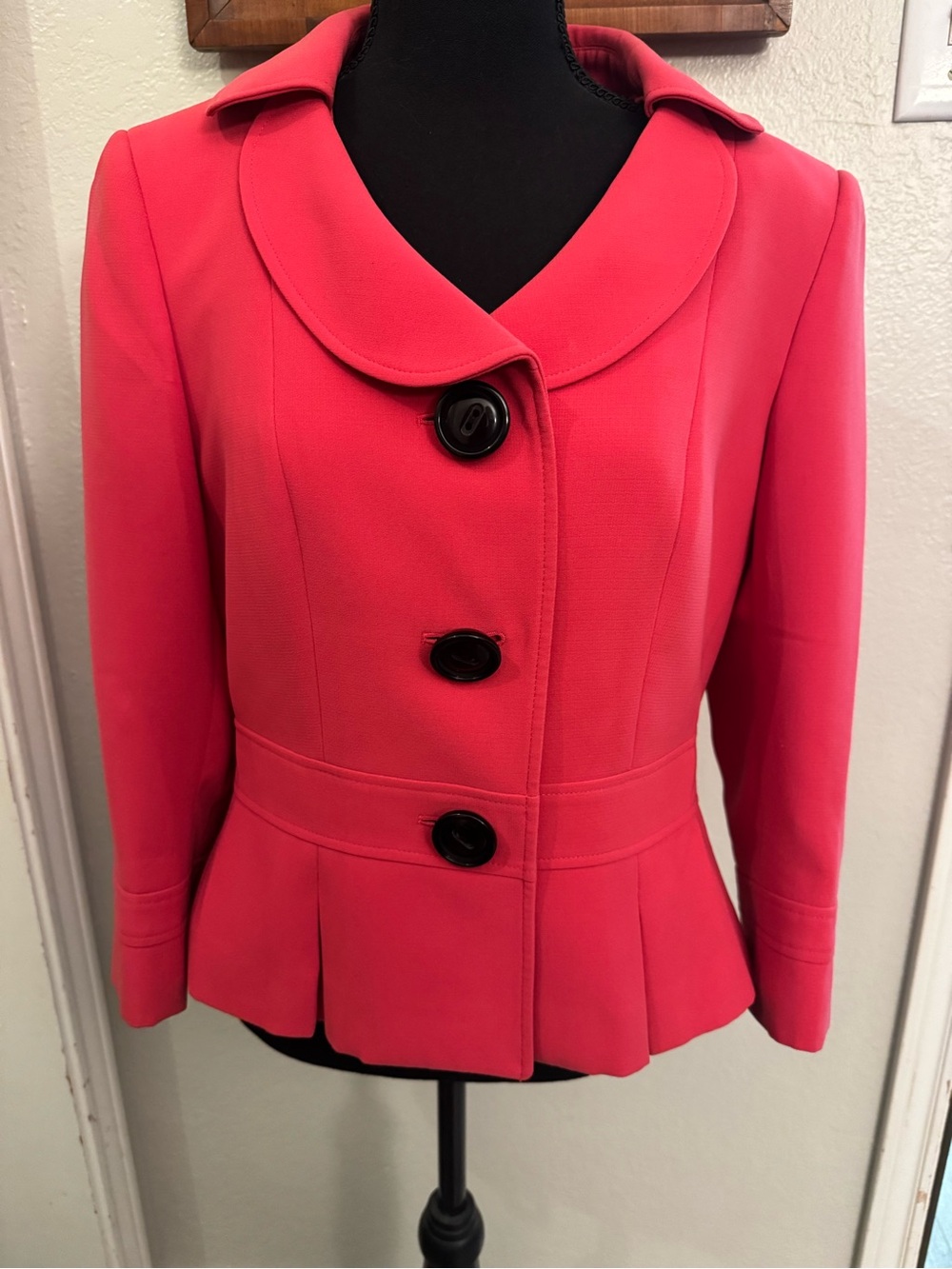 Tahari Coral Peplum Blazer with Black Buttons